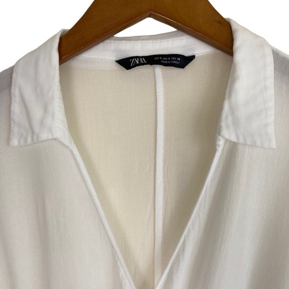 Zara Sheer Faux-Wrap Blouse w Tie Dolman Sleeve Ruffled Collared White Sz S - Picture 6 of 14